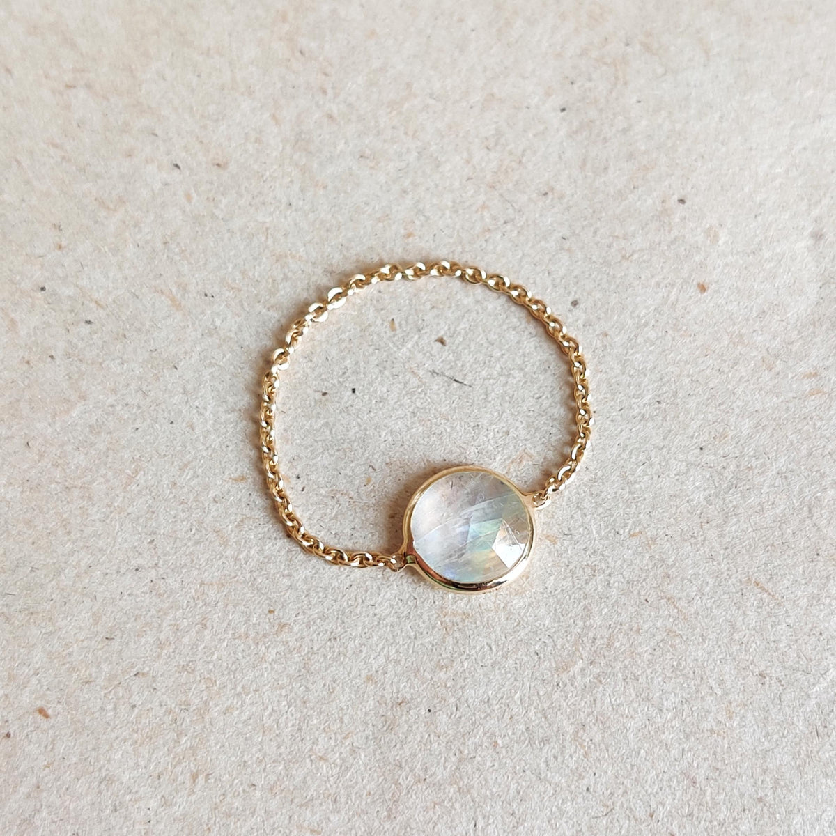 Natural Rainbow Moonstone 14K Solid Yellow Gold Chain Ring, June Birthstone Ring,