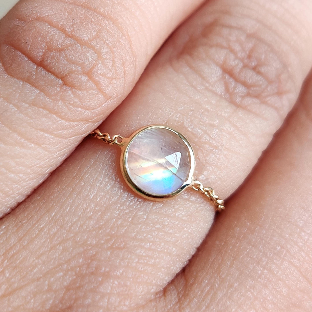Natural Rainbow Moonstone 14K Solid Yellow Gold Chain Ring, June Birthstone Ring,