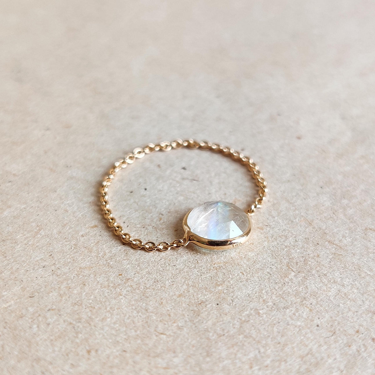 Natural Rainbow Moonstone 14K Solid Yellow Gold Chain Ring, June Birthstone Ring,