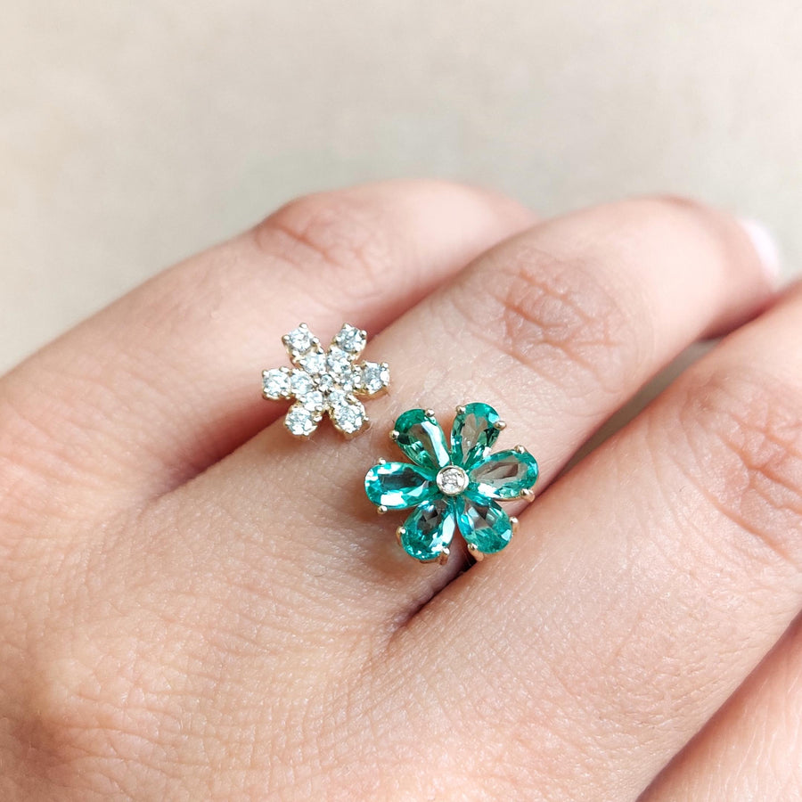Natural Emerald & Diamond Flower Ring, 14K Solid Yellow Gold, May Birthstone