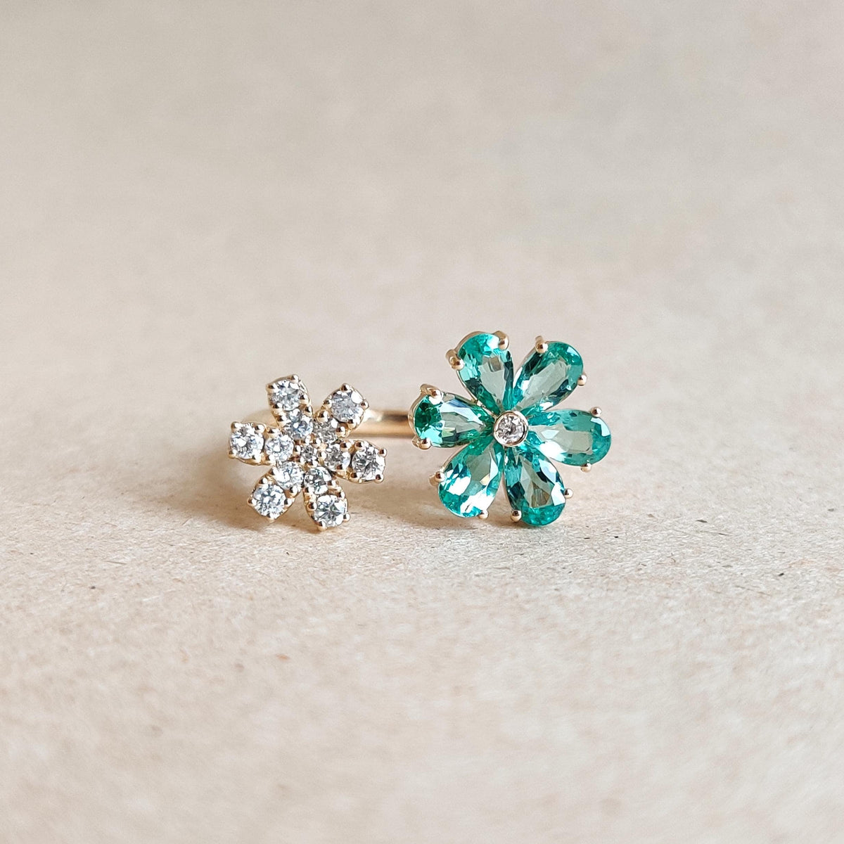 Natural Emerald & Diamond Flower Ring, 14K Solid Yellow Gold, May Birthstone