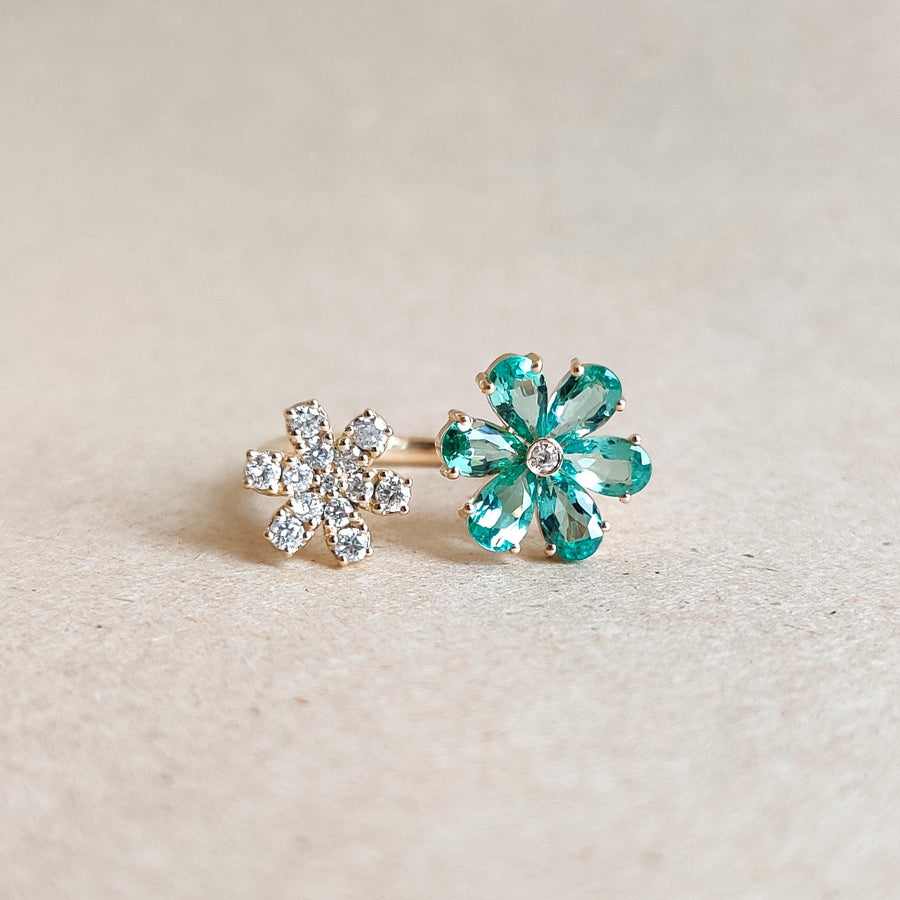 Natural Emerald & Diamond Flower Ring, 14K Solid Yellow Gold, May Birthstone