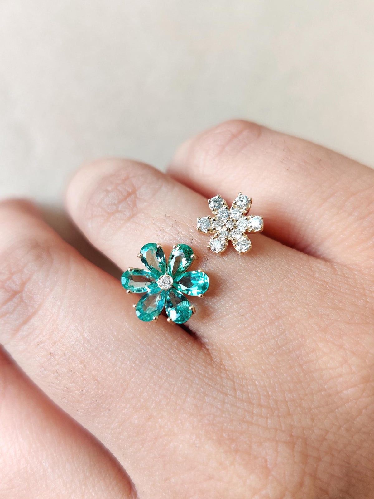 Natural Emerald & Diamond Flower Ring, 14K Solid Yellow Gold, May Birthstone