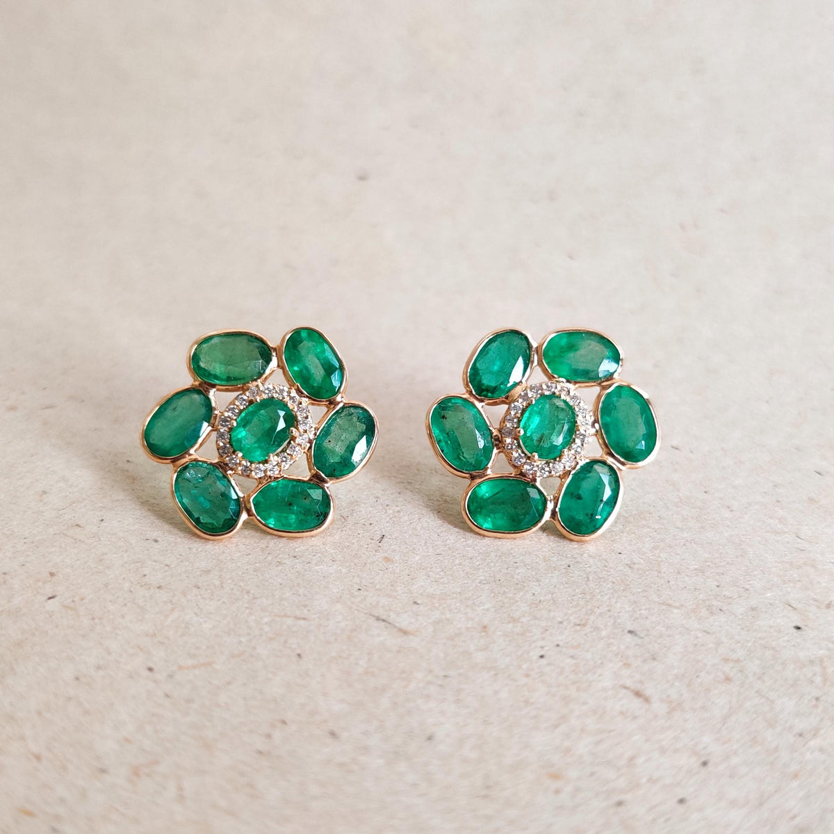 Natural Emerald & Diamond 14K Solid Yellow Gold Earrings, May April Birthstone Studs