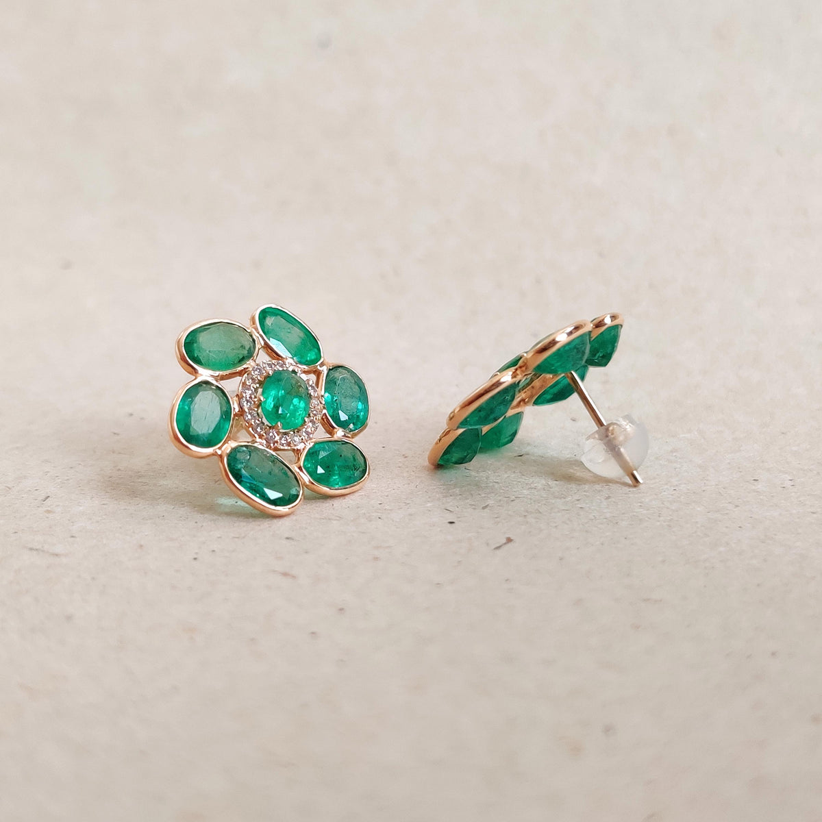 Natural Emerald & Diamond 14K Solid Yellow Gold Earrings, May April Birthstone Studs
