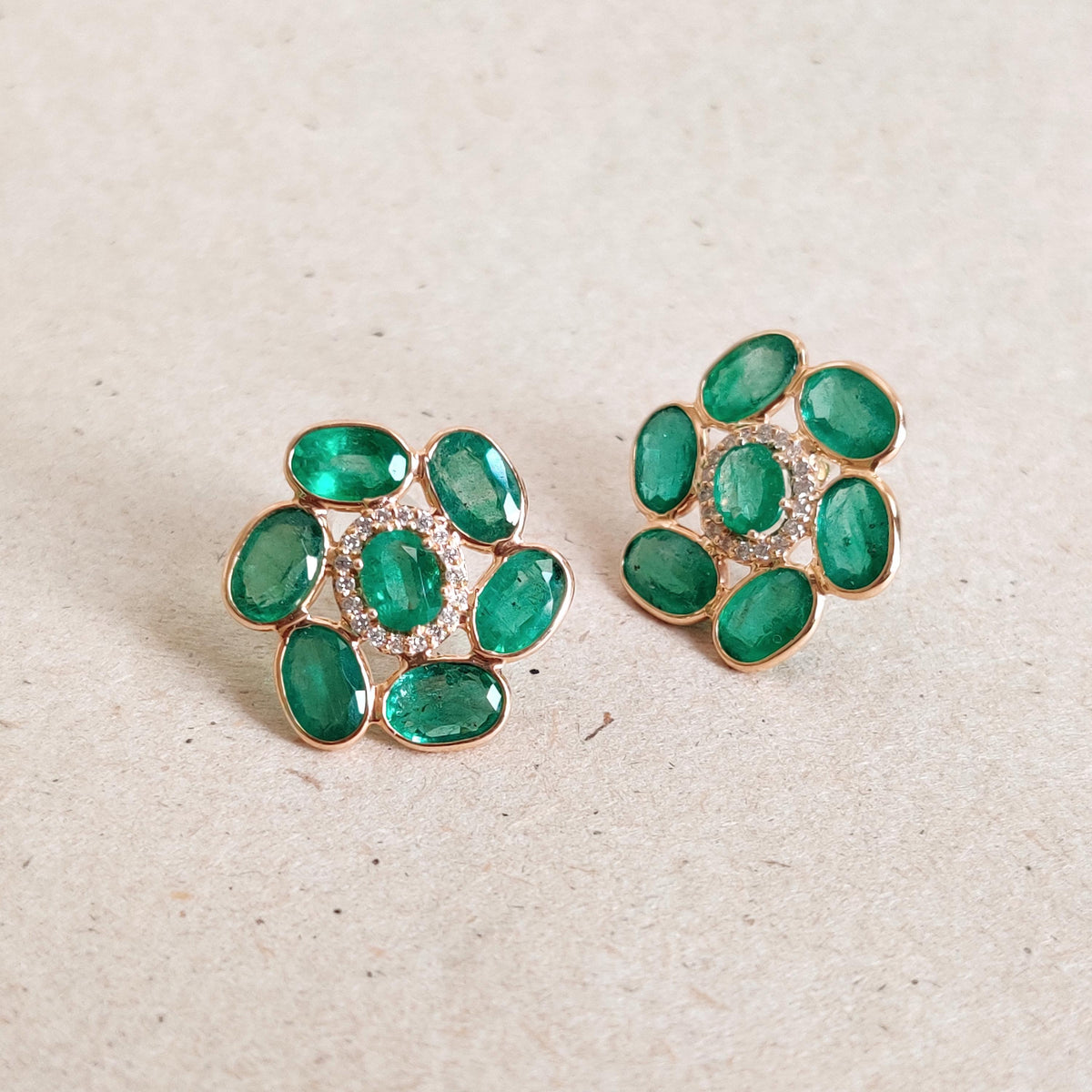 Natural Emerald & Diamond 14K Solid Yellow Gold Earrings, May April Birthstone Studs