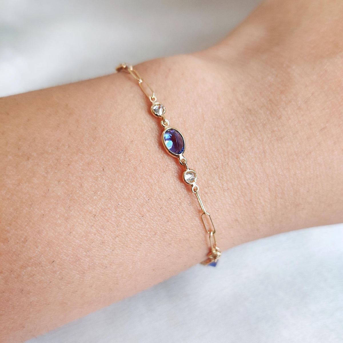 Natural Tanzanite & Diamond 14K Solid Yellow Gold Bracelet, December Birthstone, Christmas Present,
