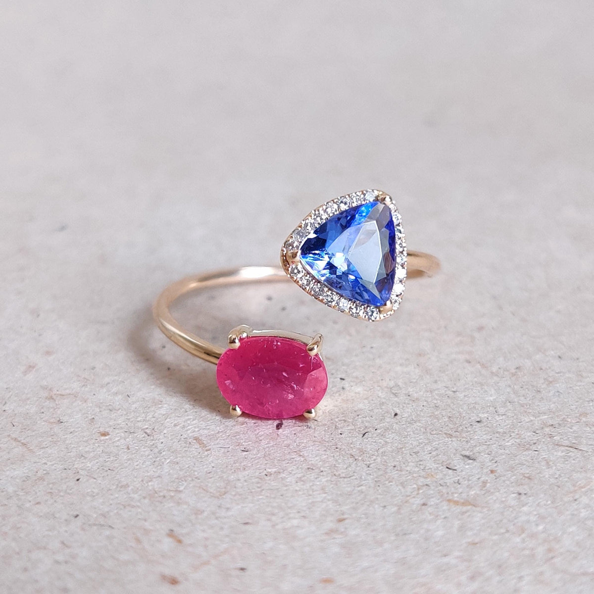 Natural Ruby & Tanzanite and Diamond 14K Solid Yellow Gold Ring, July December Birthstone