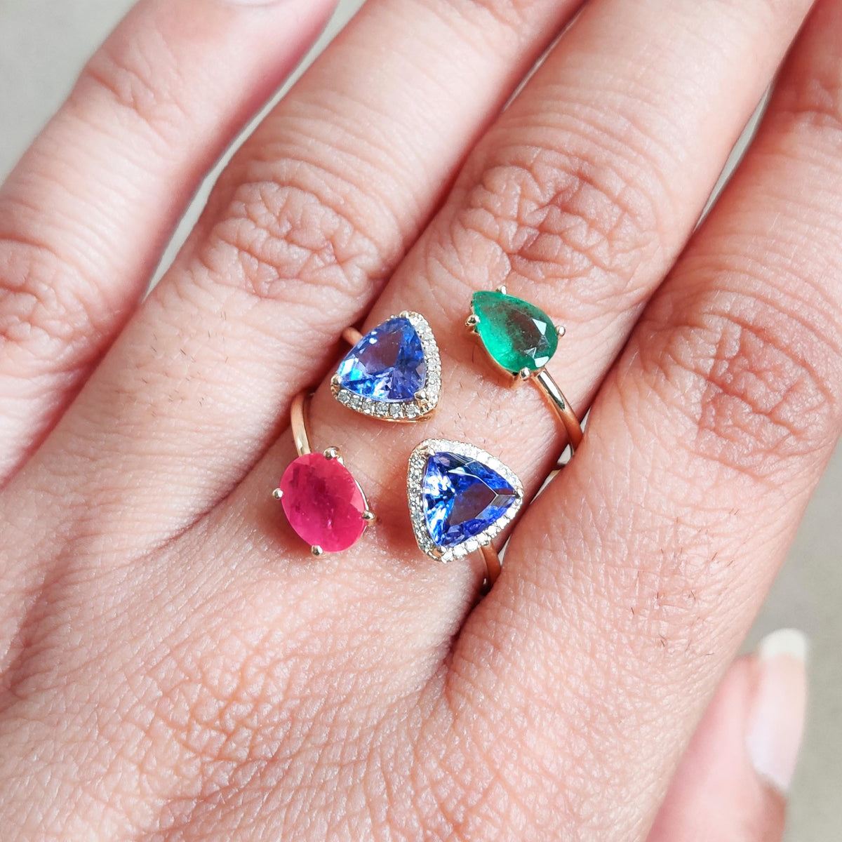 Natural Ruby & Tanzanite and Diamond 14K Solid Yellow Gold Ring, July December Birthstone
