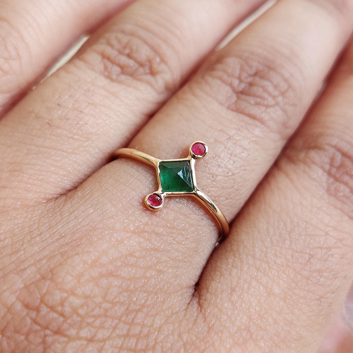 Natural Emerald & Ruby Ring, 14K Solid Yellow Gold Ring, May July Birthstone Ring, Christmas Present, Natural Emerald Ruby Jewelry