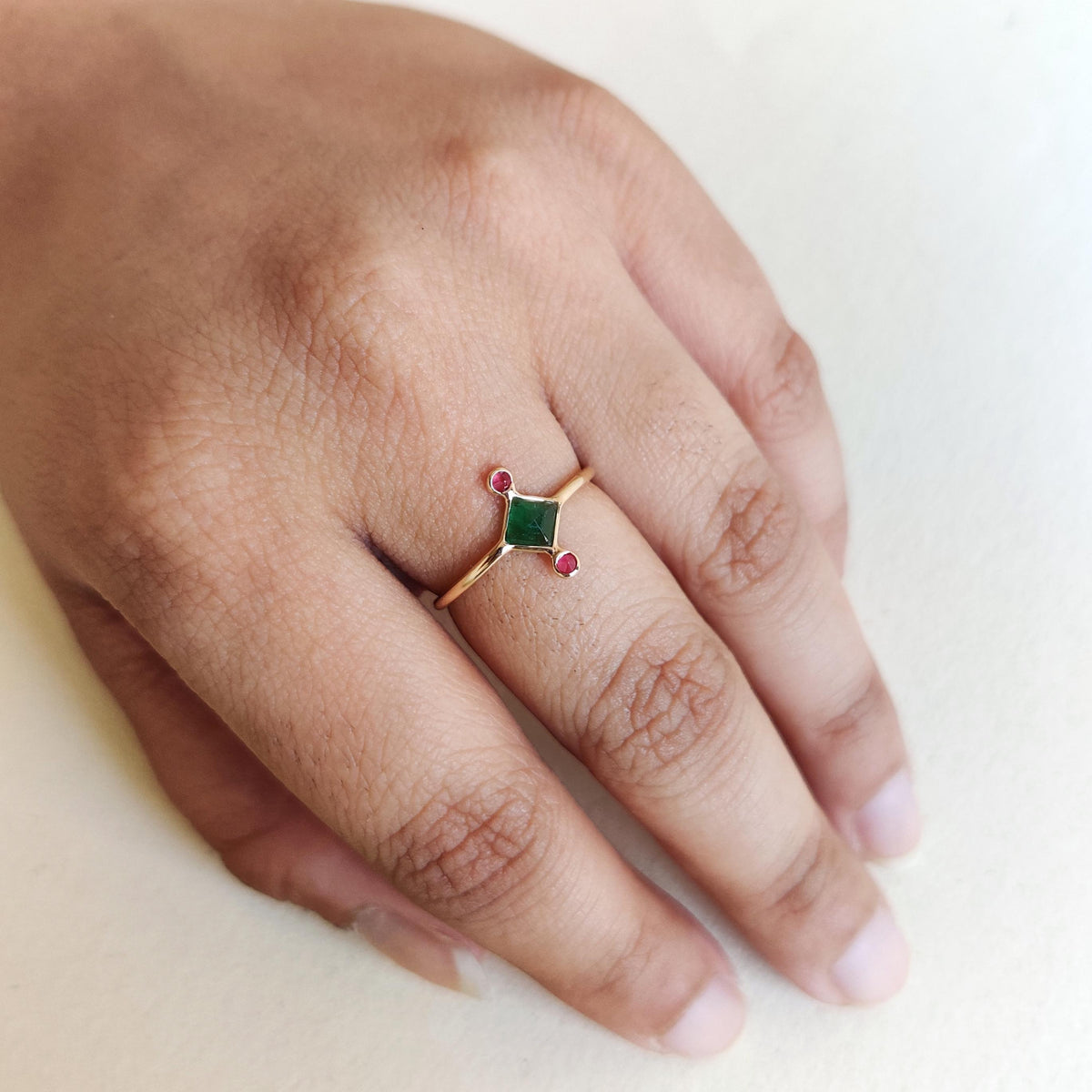 Natural Emerald & Ruby Ring, 14K Solid Yellow Gold Ring, May July Birthstone Ring, Christmas Present, Natural Emerald Ruby Jewelry