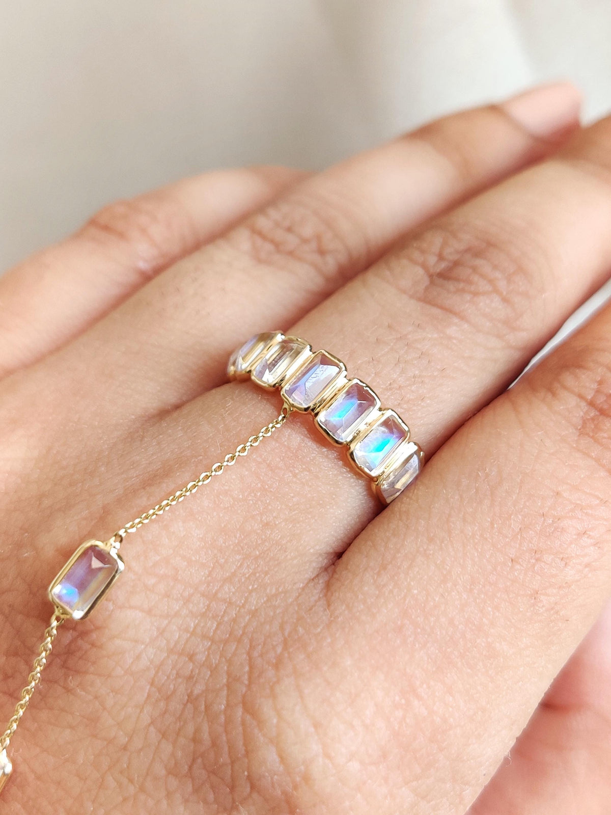 Natural Rainbow Moonstone Hand Chain Bracelet Ring, 14K Solid Yellow Gold Ring, June Birthstone,