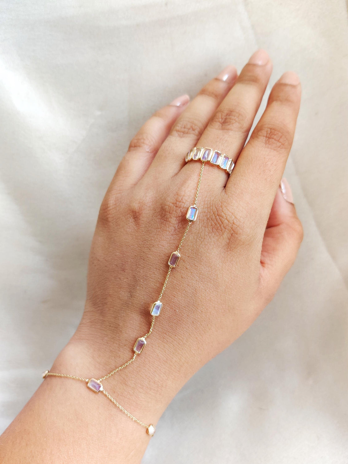 Natural Rainbow Moonstone Hand Chain Bracelet Ring, 14K Solid Yellow Gold Ring, June Birthstone,