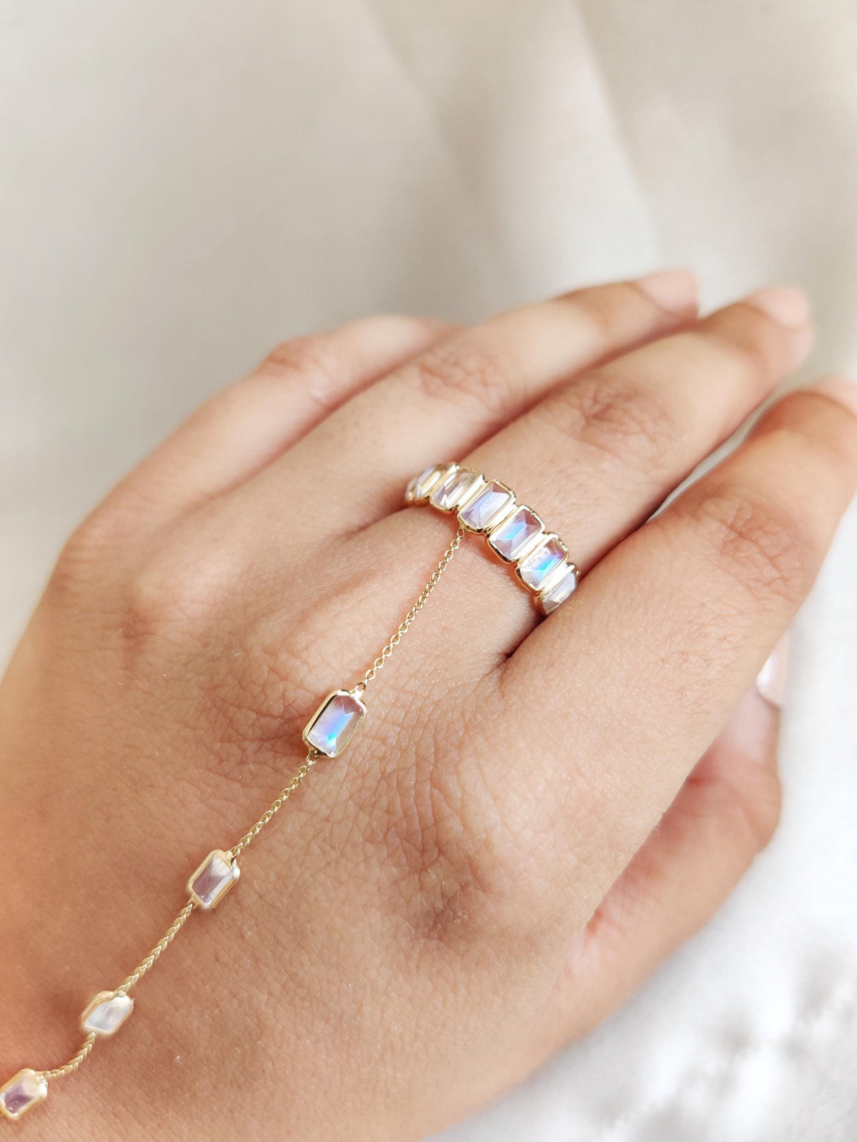 Natural Rainbow Moonstone Hand Chain Bracelet Ring, 14K Solid Yellow Gold Ring, June Birthstone,