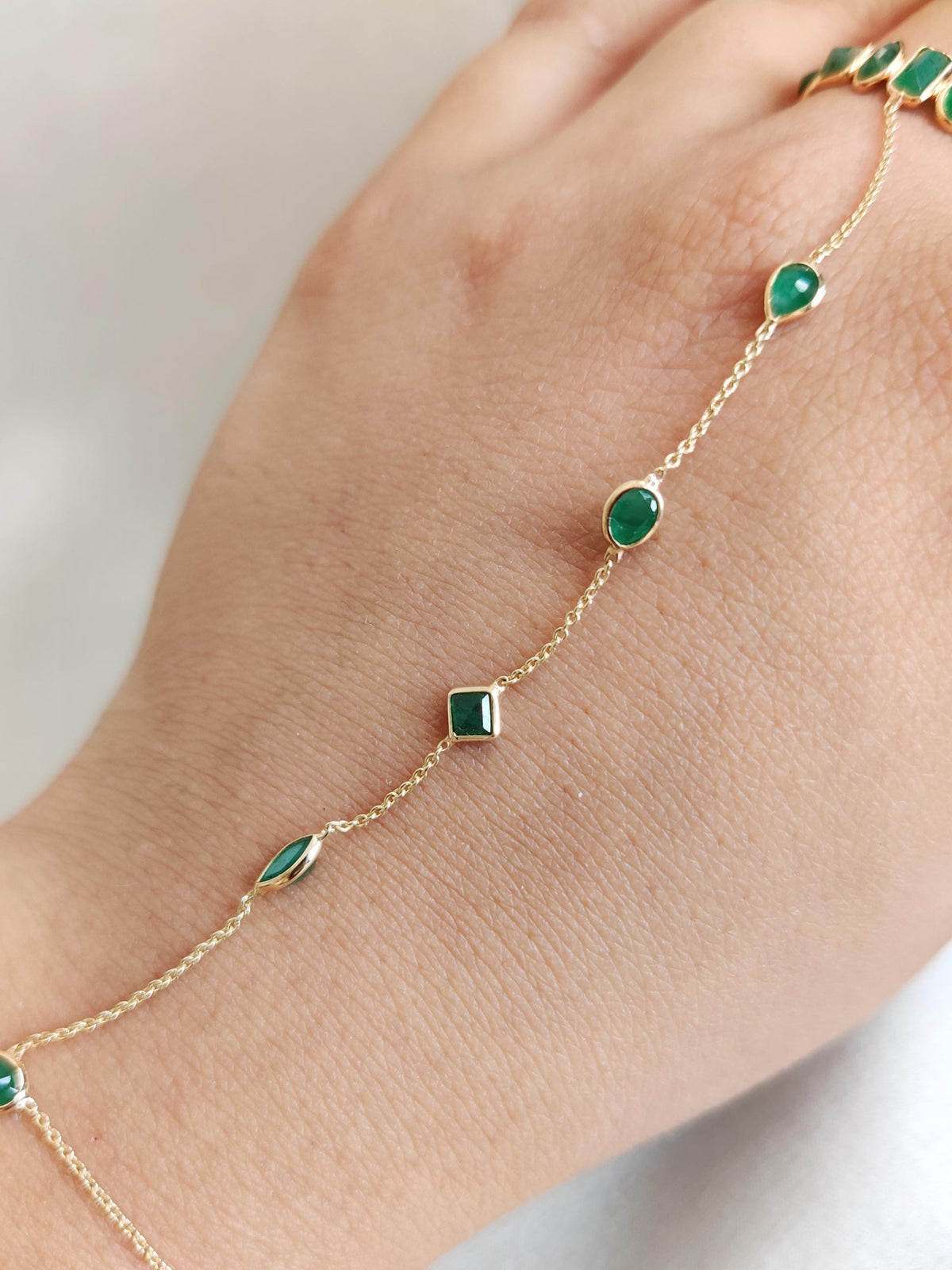 Natural Emerald Hand Chain Bracelet Ring, 14K Solid Yellow Gold Ring, May Birthstone Ring,