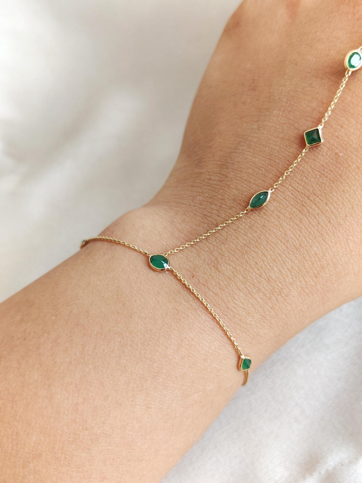 Natural Emerald Hand Chain Bracelet Ring, 14K Solid Yellow Gold Ring, May Birthstone Ring,