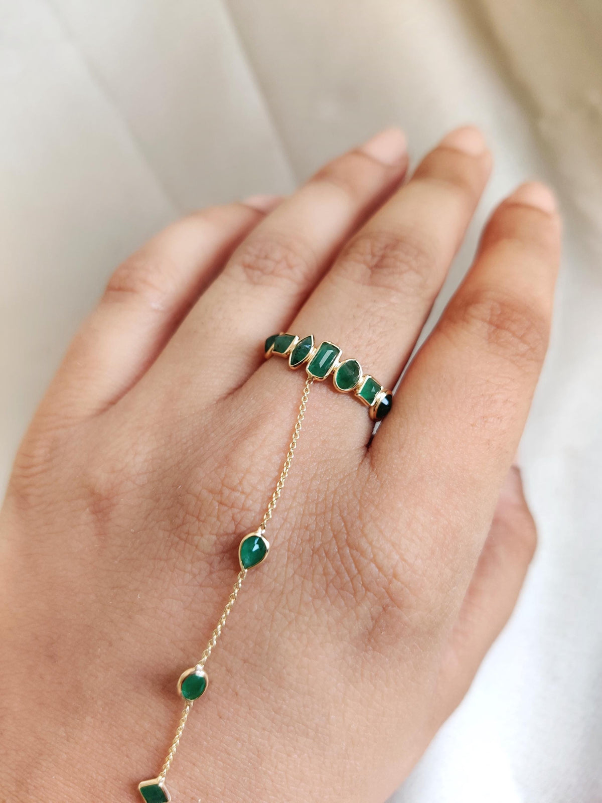 Natural Emerald Hand Chain Bracelet Ring, 14K Solid Yellow Gold Ring, May Birthstone Ring,
