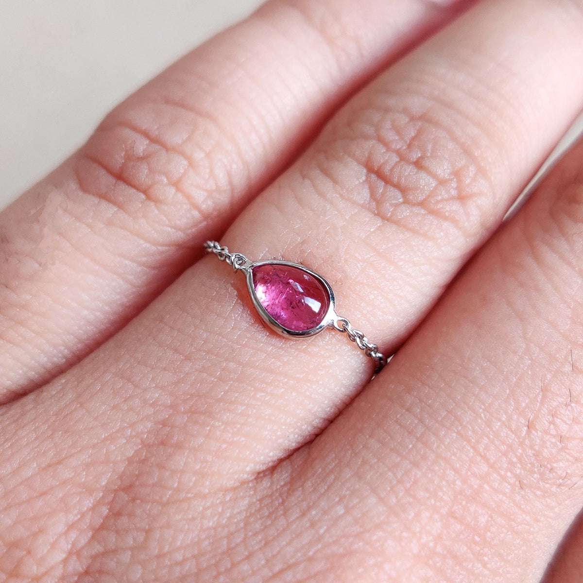 Natural Pink Tourmaline 14K Solid White Gold Chain Ring,  October Birthstone Ring,