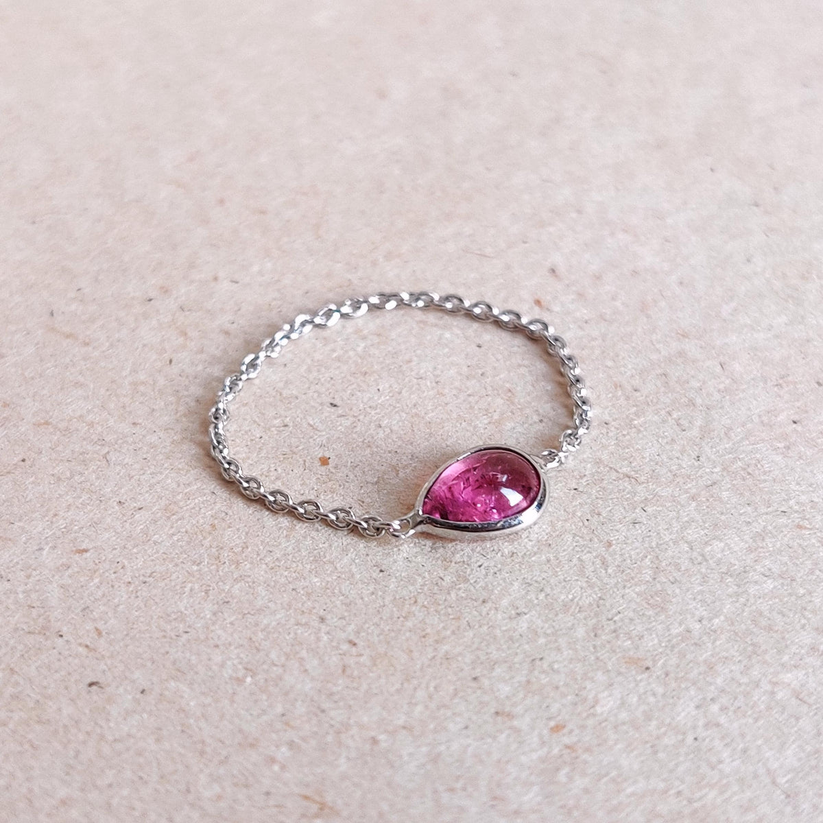 Natural Pink Tourmaline 14K Solid White Gold Chain Ring,  October Birthstone Ring,
