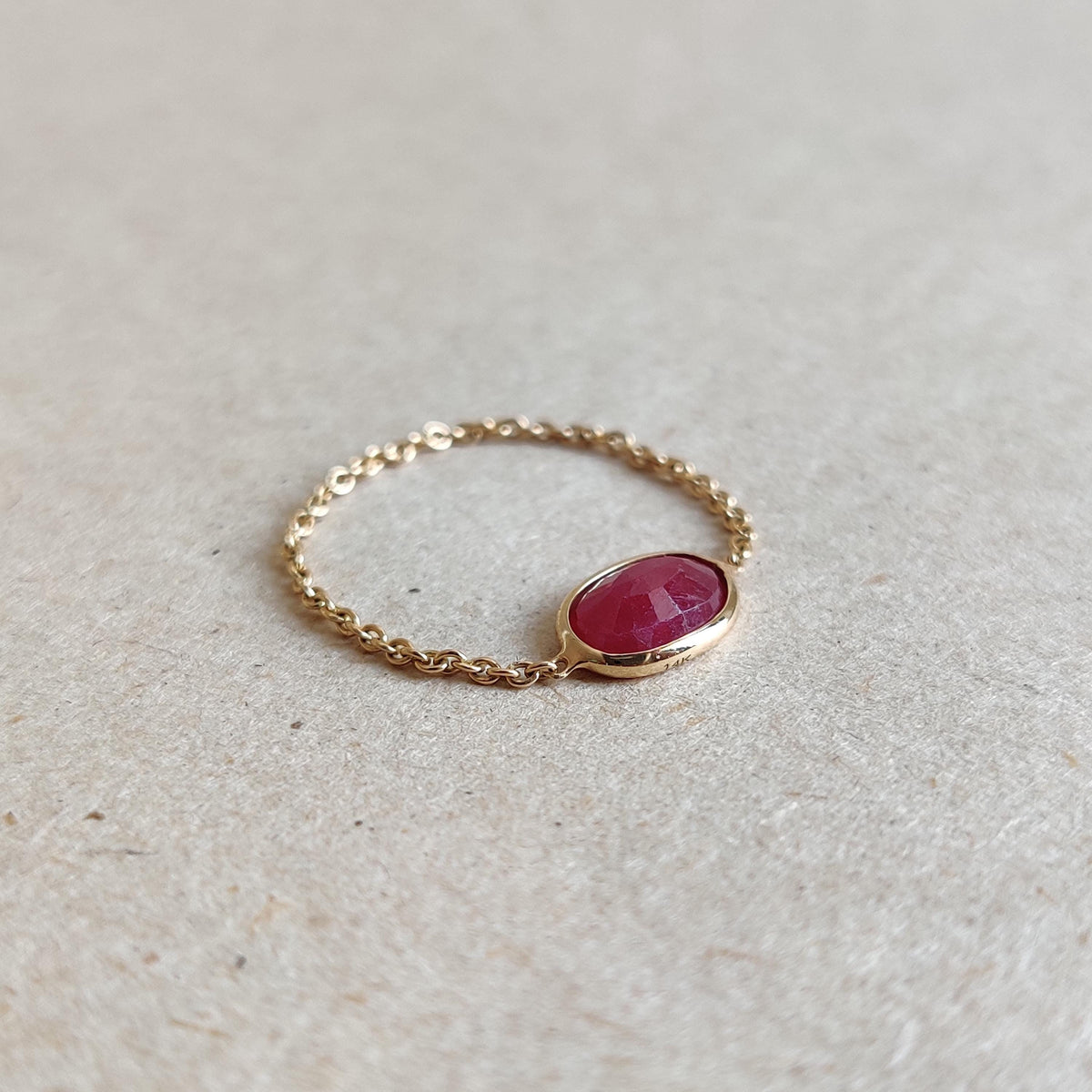 Natural Oval Ruby 14K Solid Yellow Gold Chain Ring, July Birthstone Ring, Bezel Jewelry,