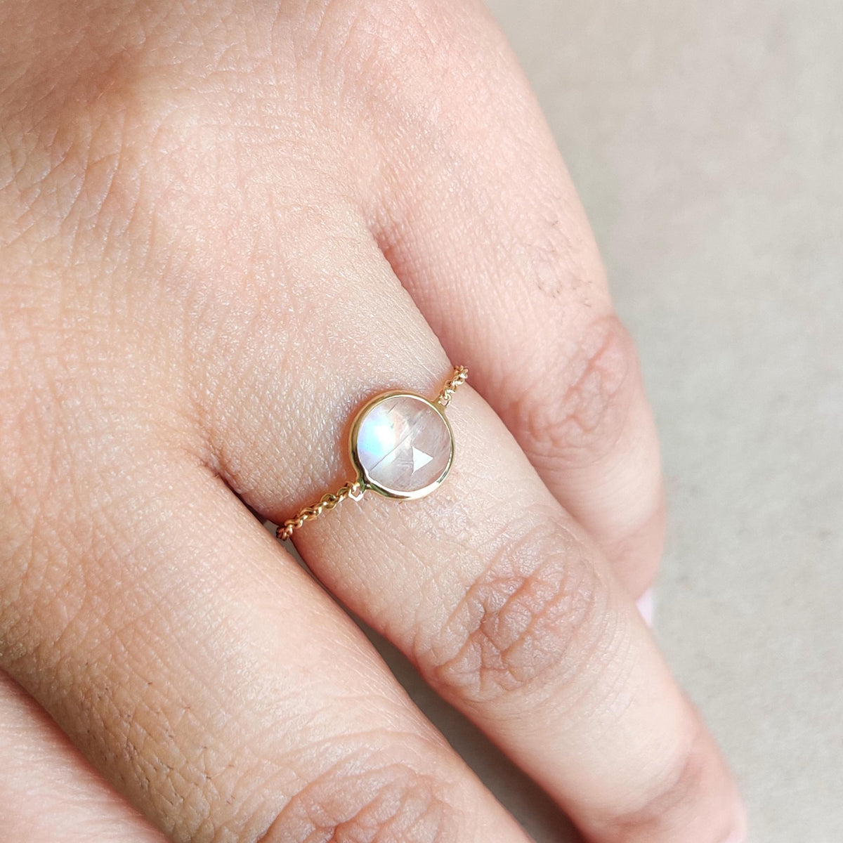 Natural Rainbow Moonstone 14K Solid Yellow Gold Chain Ring, June Birthstone Ring,