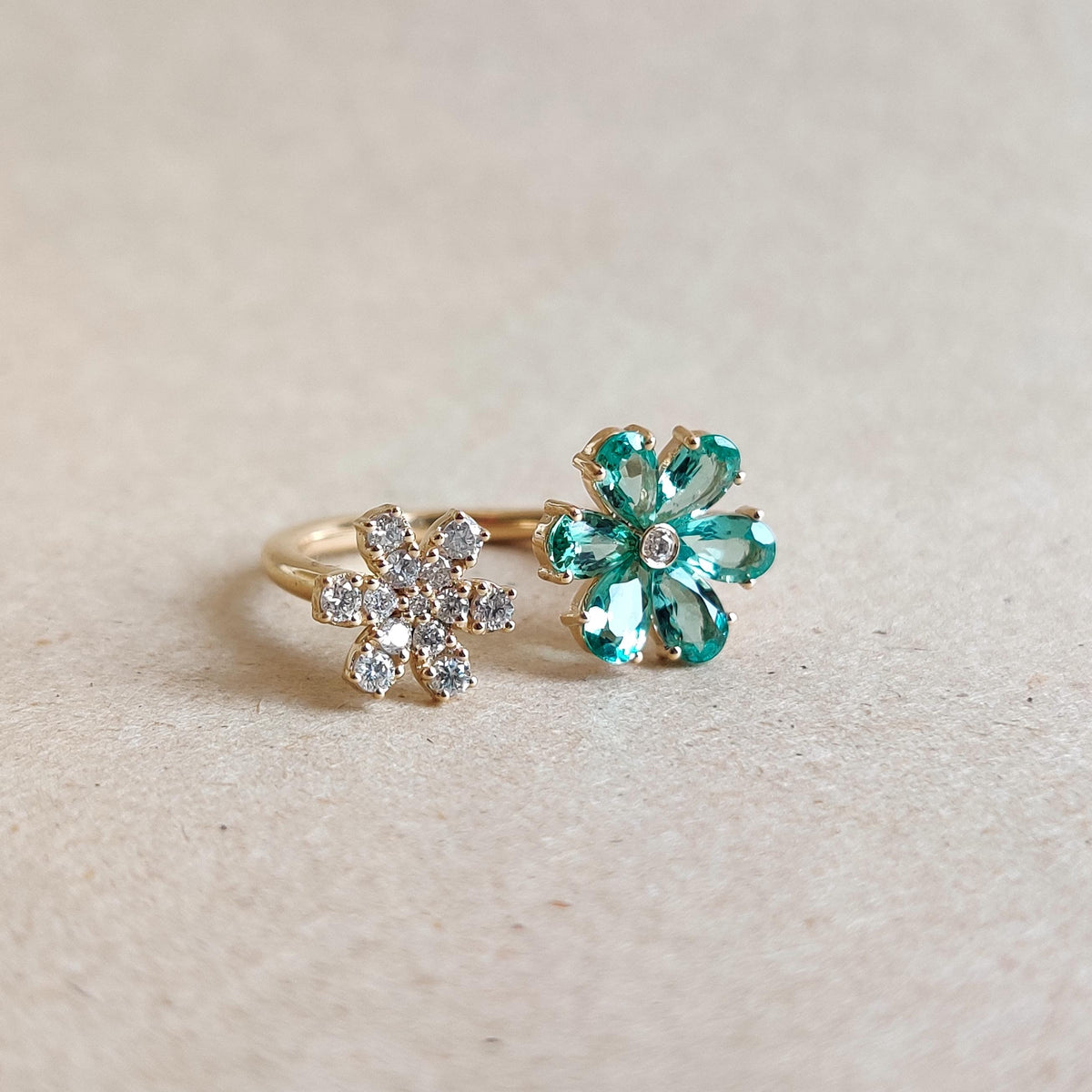 Natural Emerald & Diamond Flower Ring, 14K Solid Yellow Gold, May Birthstone