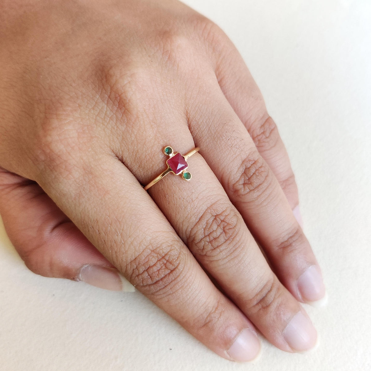 Natural Ruby & Emerald Ring, 14K Solid Yellow Gold Ring, July May Birthstone Ring, Christmas Present, Natural Ruby Emerald Jewelry