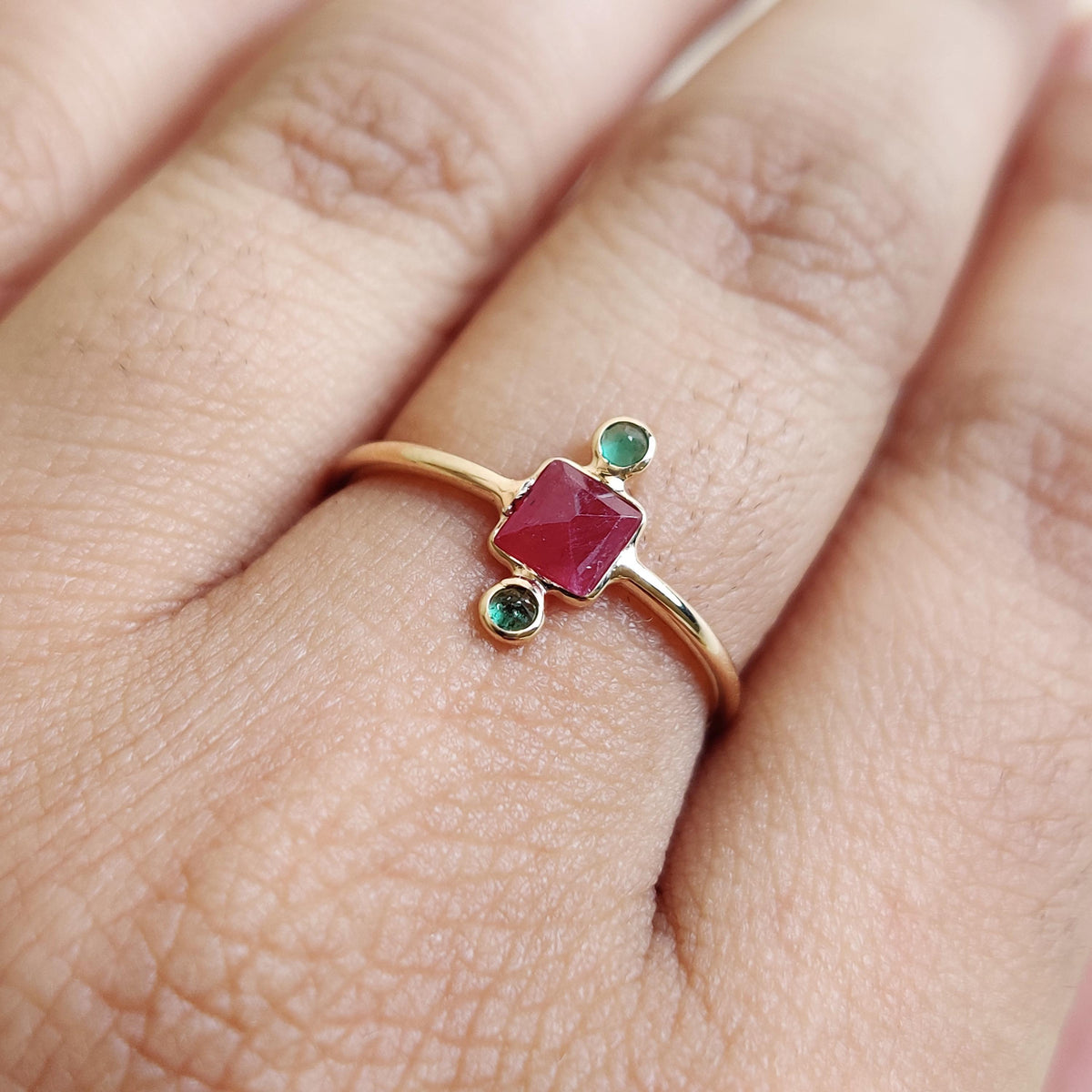Natural Ruby & Emerald Ring, 14K Solid Yellow Gold Ring, July May Birthstone Ring, Christmas Present, Natural Ruby Emerald Jewelry