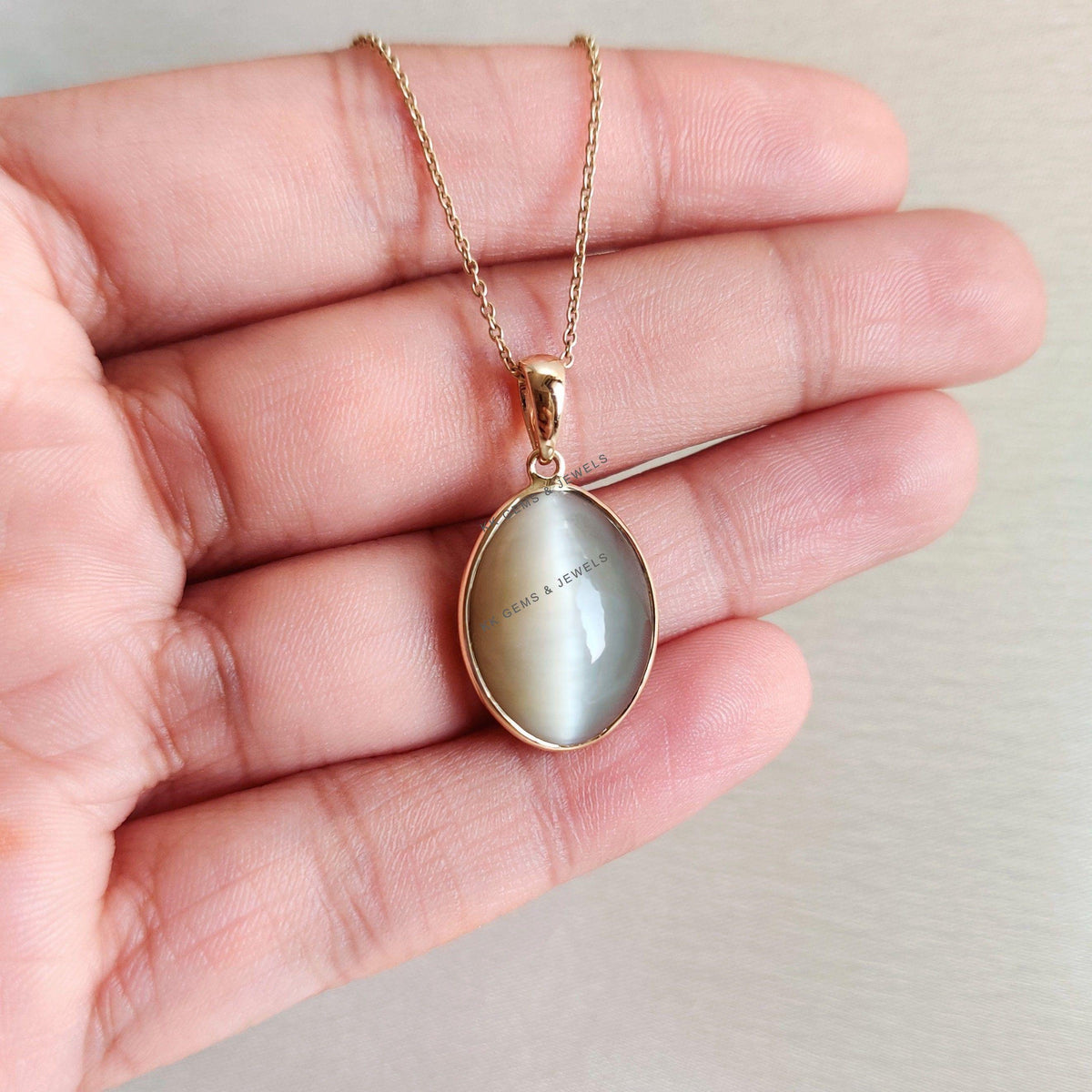 14K Solid Yellow Gold Natural Cat's Eye Pendant, June Birthstone, Oval Pendant, Christmas Present