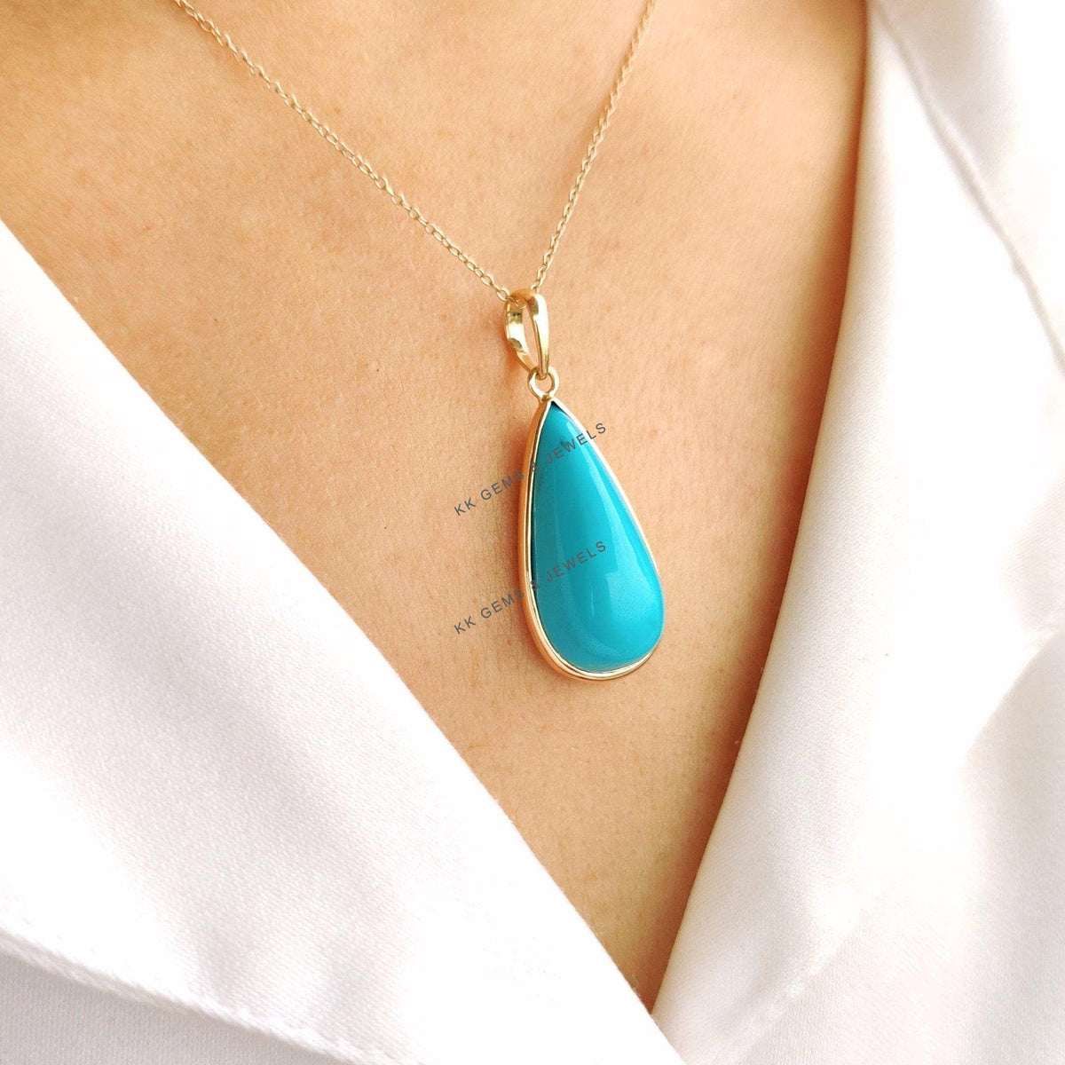 Natural Sleeping Beauty Turquoise Pendant, 14K Solid Yellow Gold Pendant, December Birthstone, Christmas Present