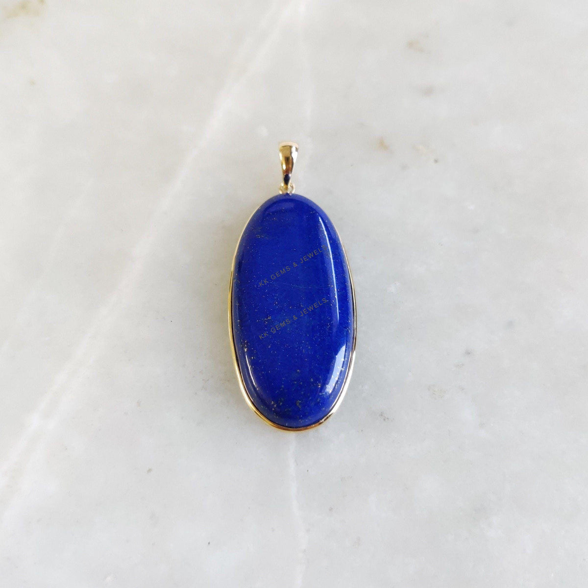 14K Solid Yellow Gold Natural Lapis Lazuli Pendant, Oval Bezel Pendant, September Birthstone, Christmas Present