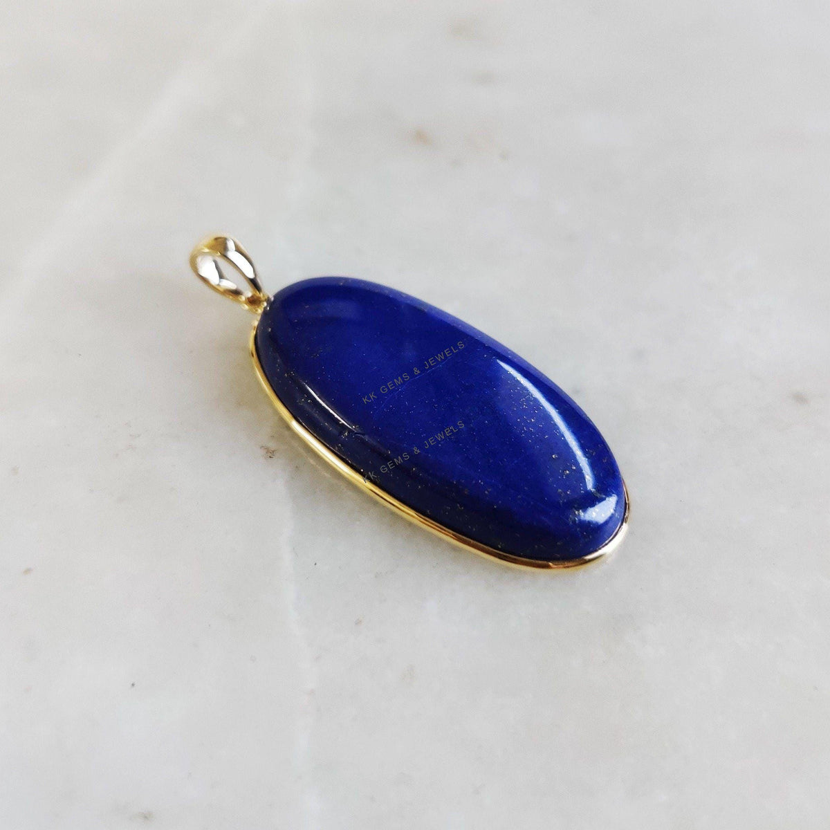 14K Solid Yellow Gold Natural Lapis Lazuli Pendant, Oval Bezel Pendant, September Birthstone, Christmas Present
