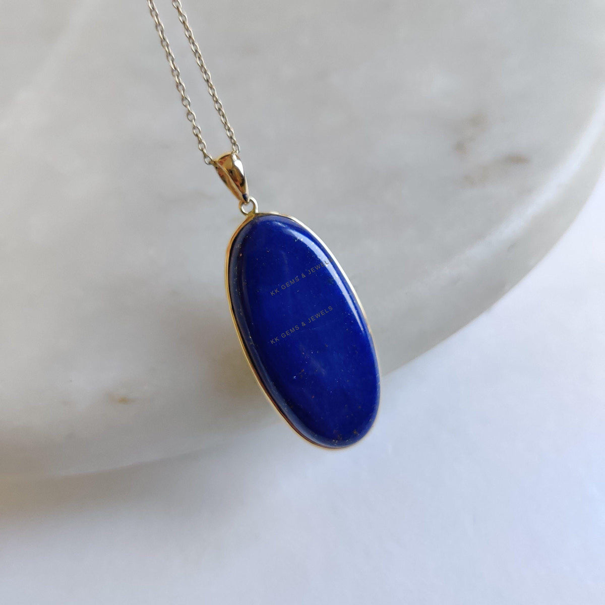 14K Solid Yellow Gold Natural Lapis Lazuli Pendant, Oval Bezel Pendant, September Birthstone, Christmas Present