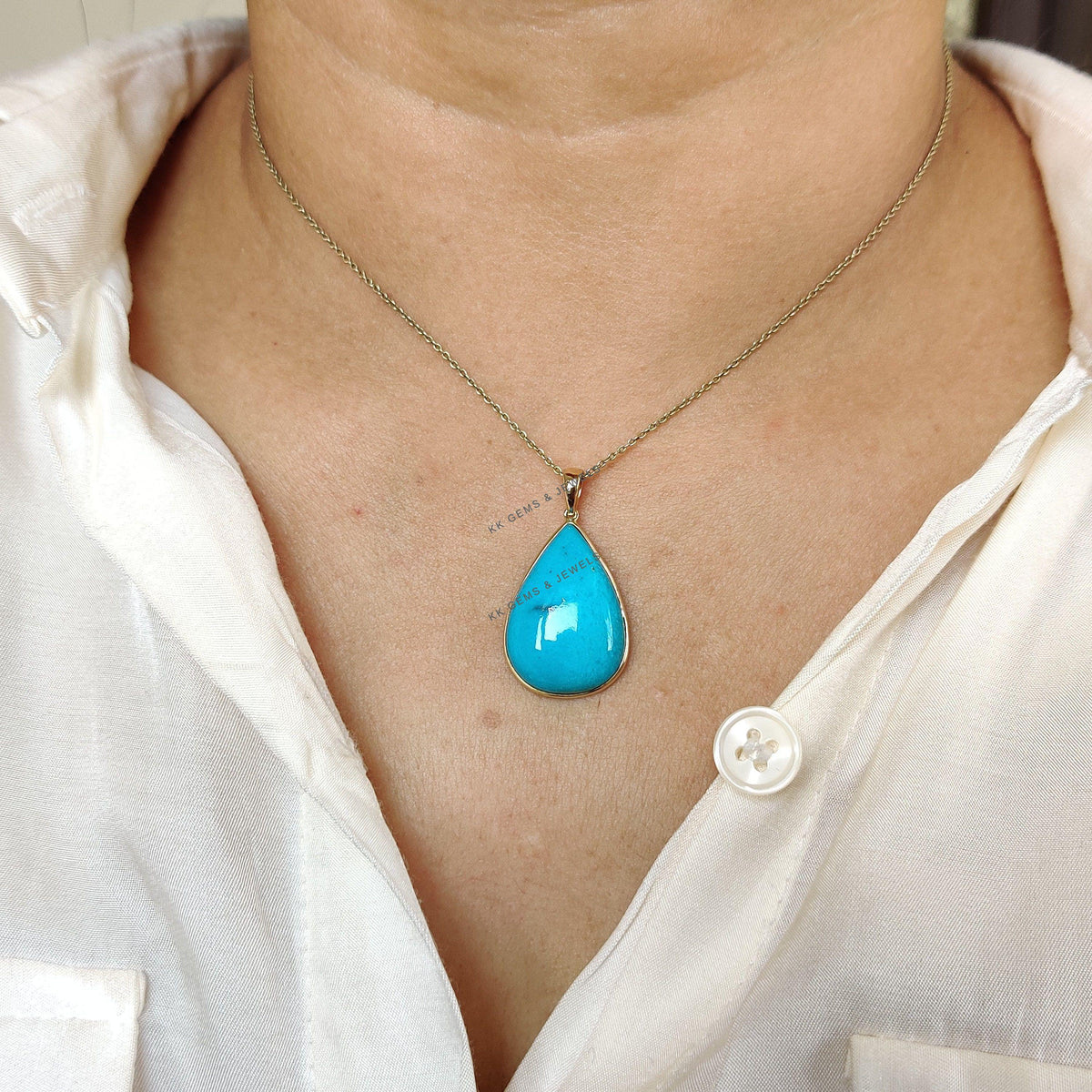 Natural Sleeping Beauty Turquoise Pendant, 14K Solid Yellow Gold Bezel Pendant, December Birthstone, Christmas Present