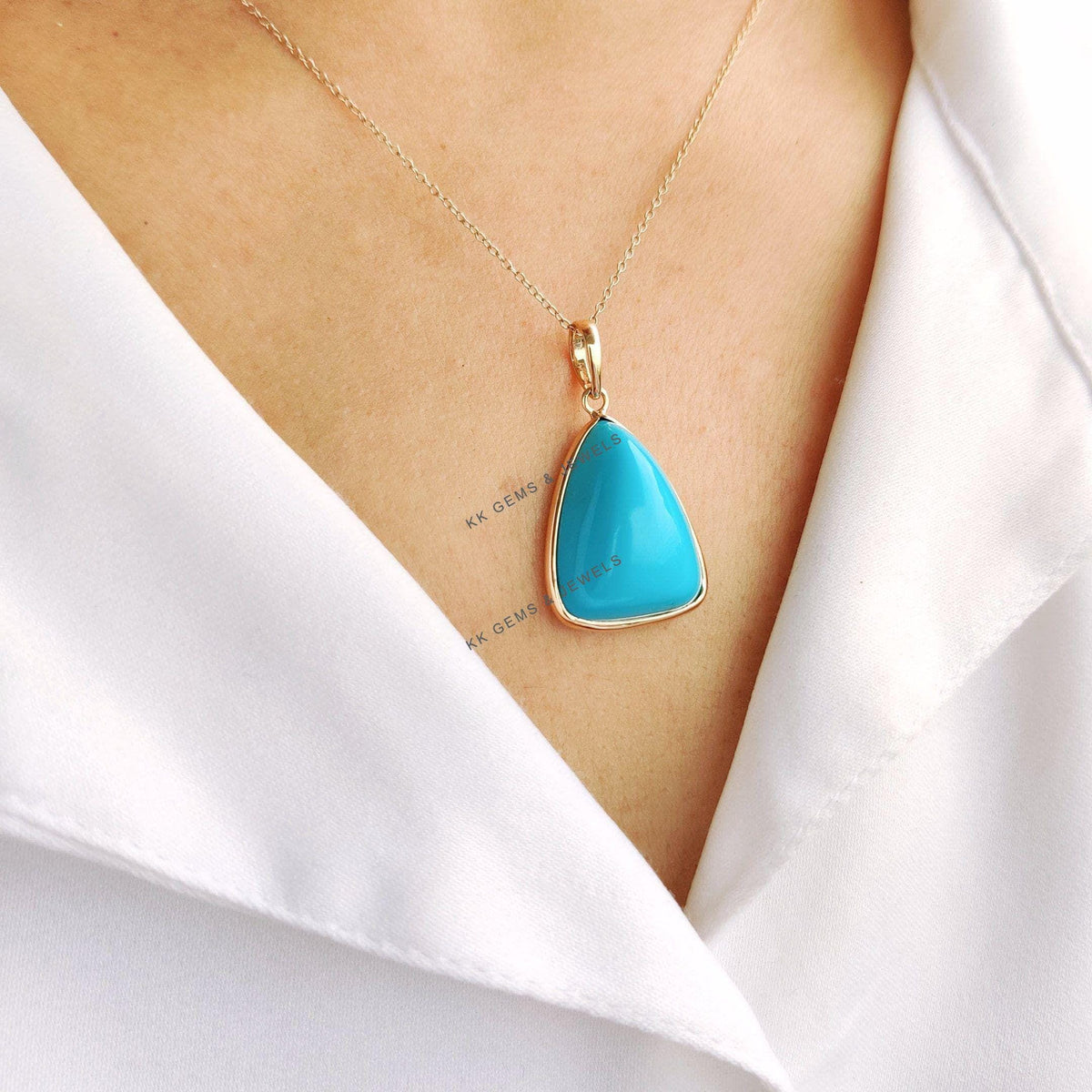 Natural Sleeping Beauty Turquoise Pendant, 14K Solid Yellow Gold Pendant, December Birthstone, Chrsitmas Present