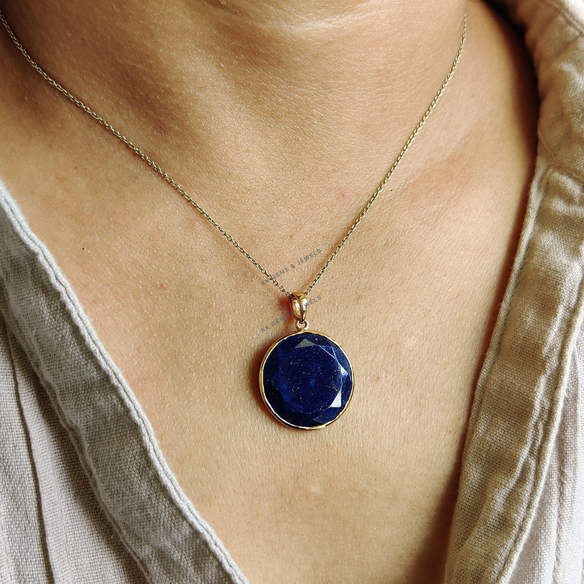 14K Solid Yellow Gold Natural Lapis Lazuli Pendant, Round Bezel Pendant, September Birthstone, Christmas Gift