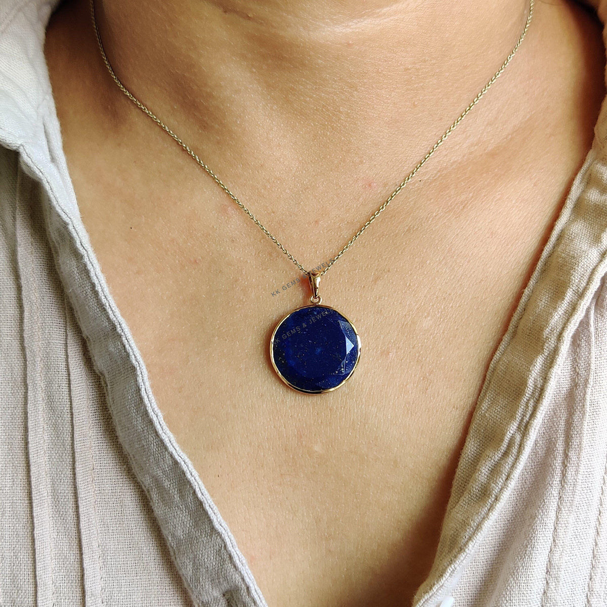 14K Solid Yellow Gold Natural Lapis Lazuli Pendant, Round Bezel Pendant, September Birthstone, Christmas Gift