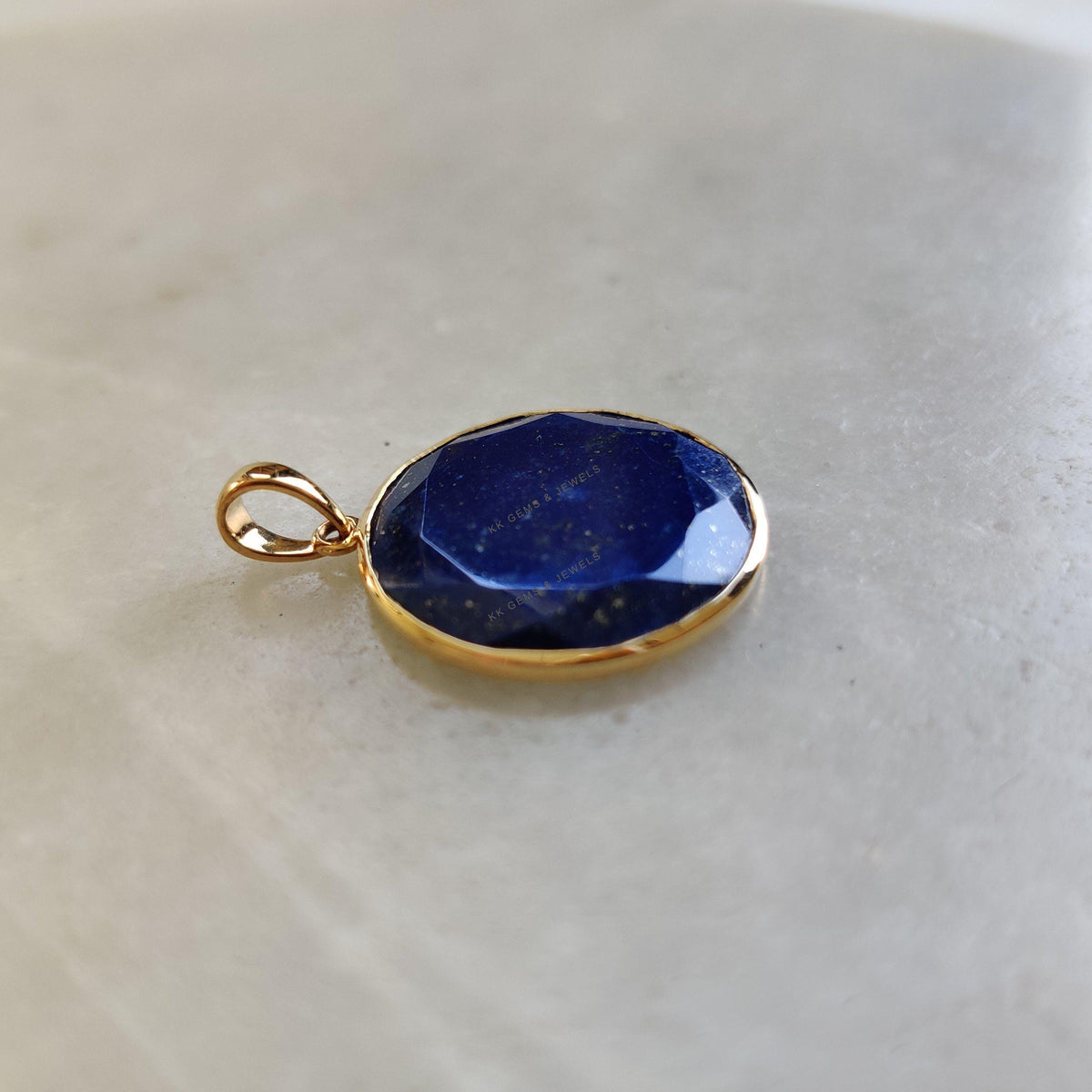14K Solid Yellow Gold Natural Lapis Lazuli Pendant, Round Bezel Pendant, September Birthstone, Christmas Gift