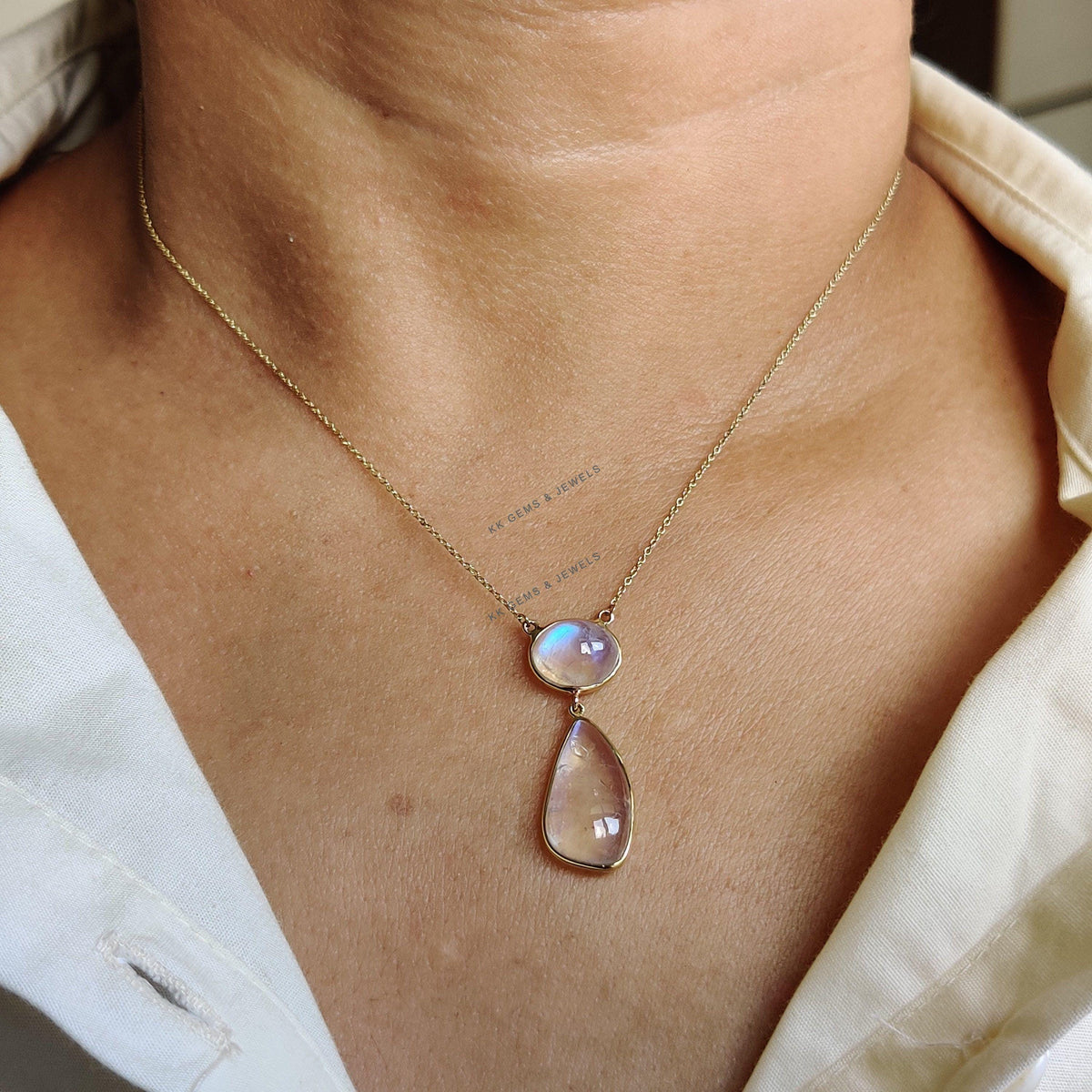14K Solid Yellow Gold Natural Rainbow Moonstone Chain Necklace, June Birthstone, Anniversary Gift