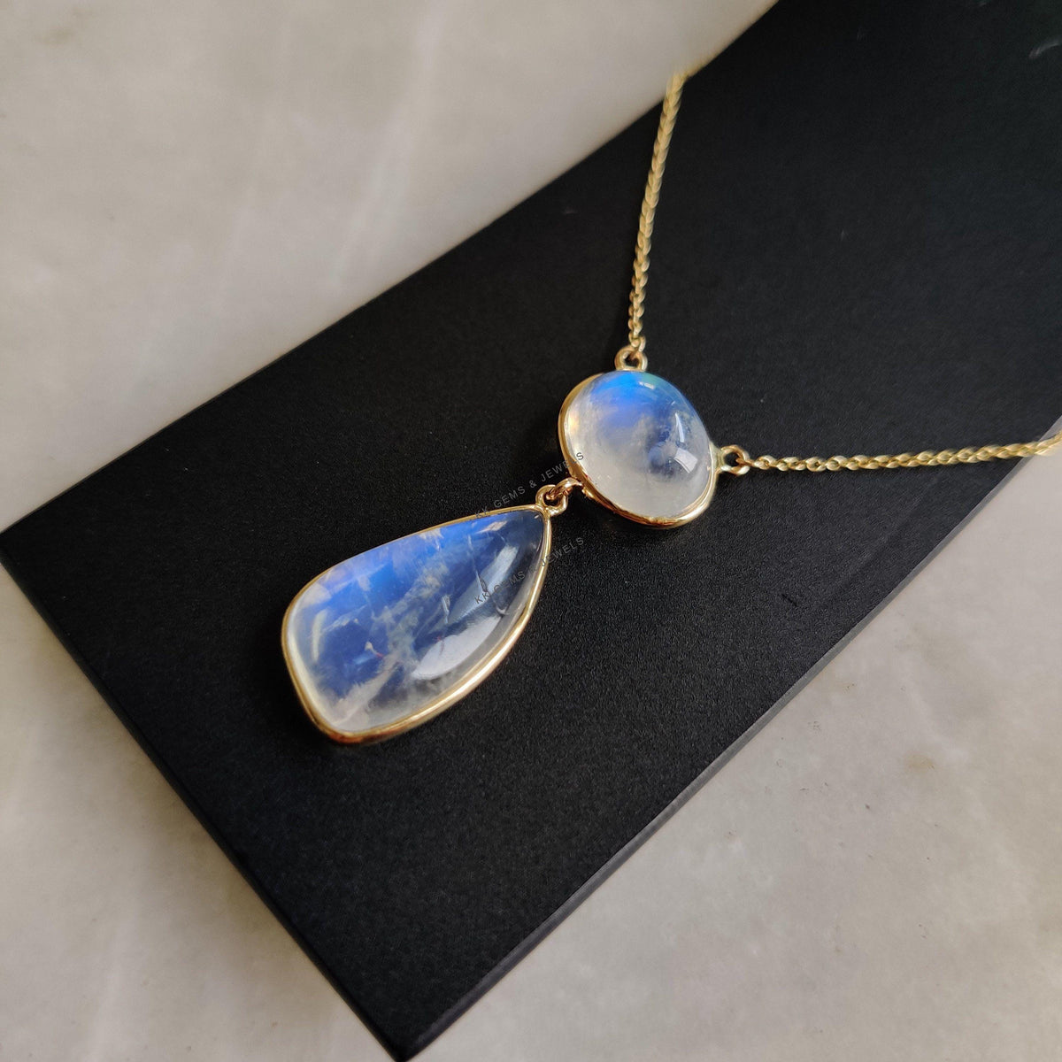 14K Solid Yellow Gold Natural Rainbow Moonstone Chain Necklace, June Birthstone, Anniversary Gift