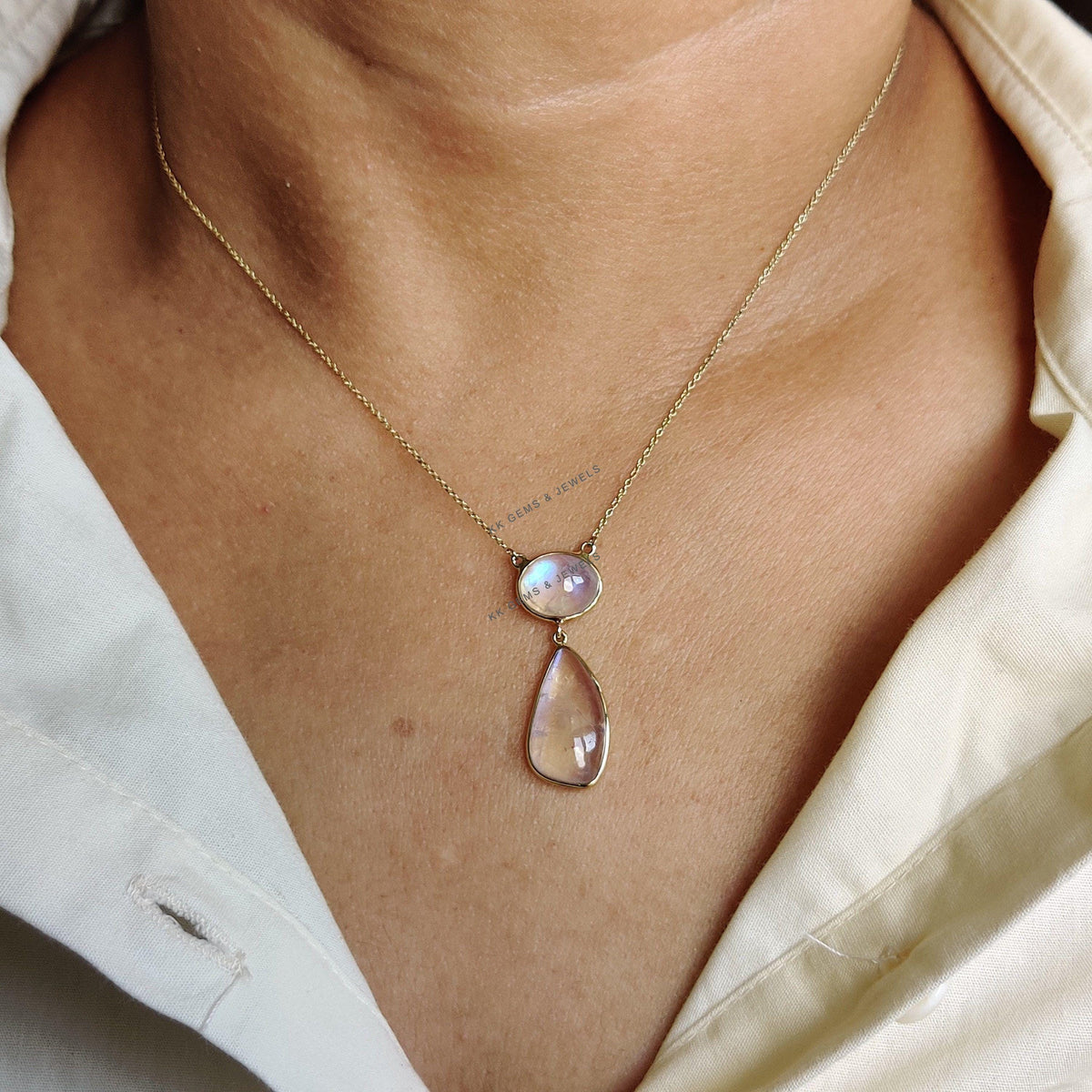 14K Solid Yellow Gold Natural Rainbow Moonstone Chain Necklace, June Birthstone, Anniversary Gift