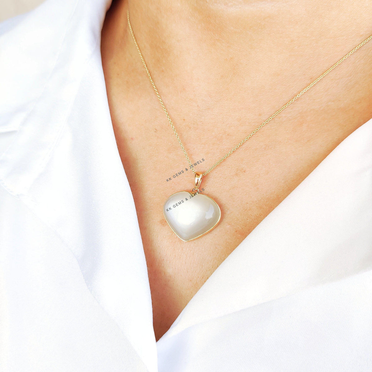 Natural White Moonstone Heart Pendant, 14K Solid Yellow Gold Pendant, June Birthstone, Christmas Present