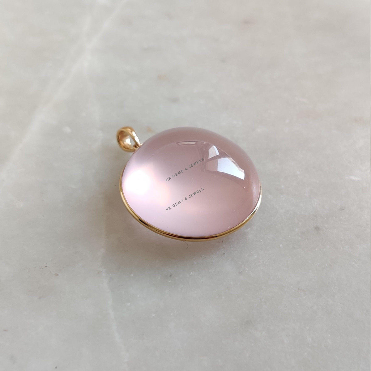 14K Solid Yellow Gold Natural Rose Quartz Pendant, Round Pendant, January Birthstone, Christmas Present