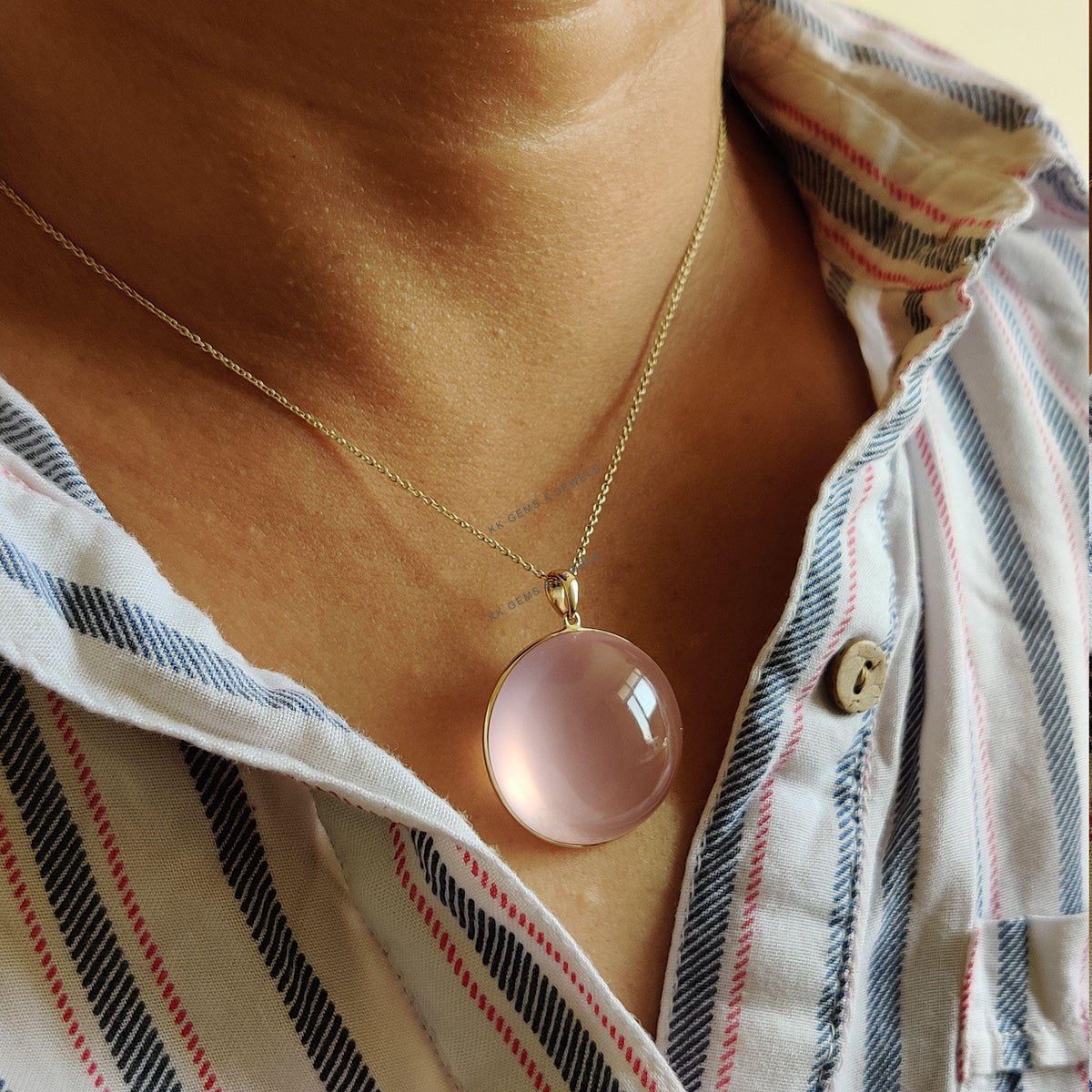 14K Solid Yellow Gold Natural Rose Quartz Pendant, Round Pendant, January Birthstone, Christmas Present