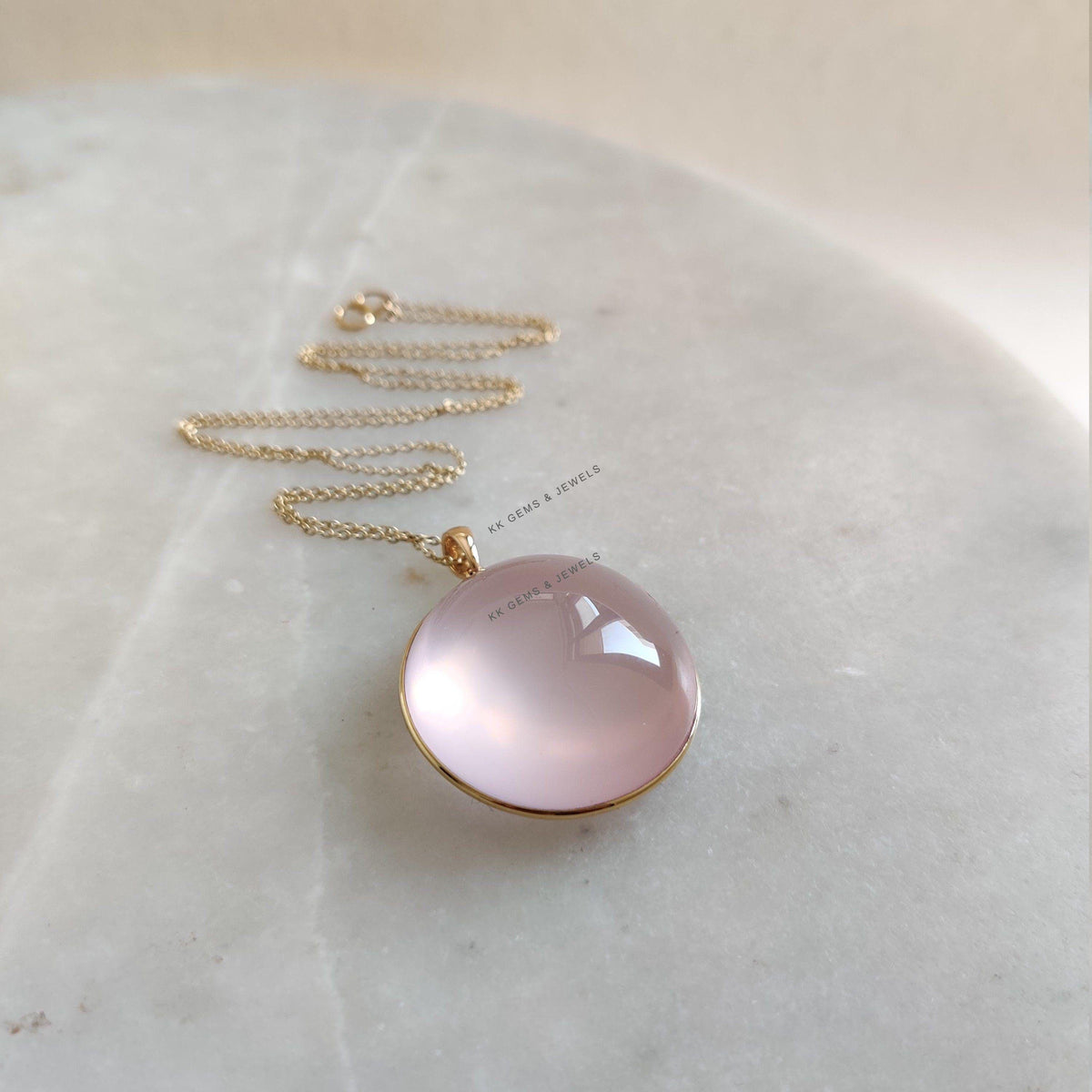 14K Solid Yellow Gold Natural Rose Quartz Pendant, Round Pendant, January Birthstone, Christmas Present