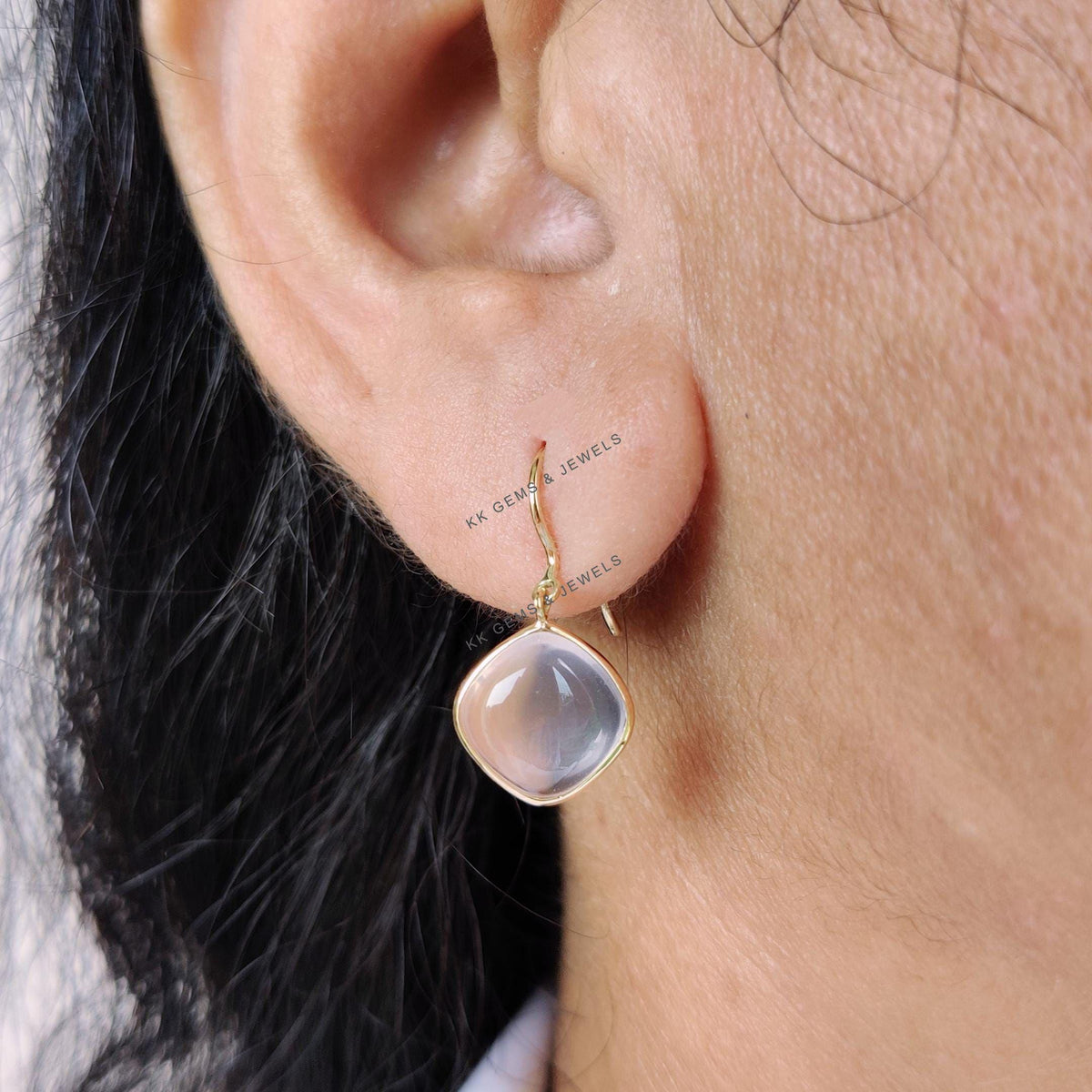 Natural Rose Quartz Earrings, 14K Solid Yellow Gold Earrings, Cushion Cabochon, January Birthstone, Christmas Present
