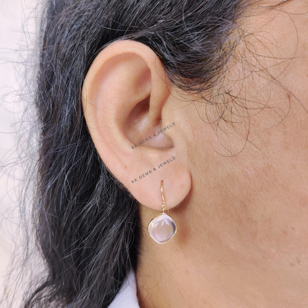 Natural Rose Quartz Earrings, 14K Solid Yellow Gold Earrings, Cushion Cabochon, January Birthstone, Christmas Present