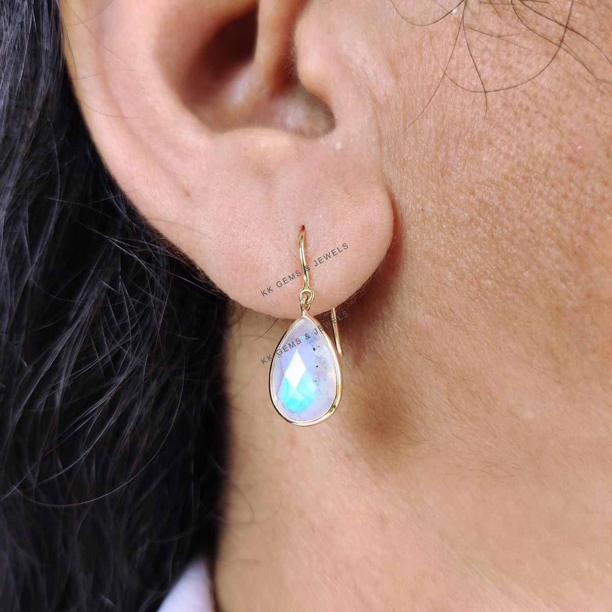 14K Solid Yellow Gold Natural Rainbow Moonstone Pear Drop Bezel Earrings, June Birthstone, Christmas Present