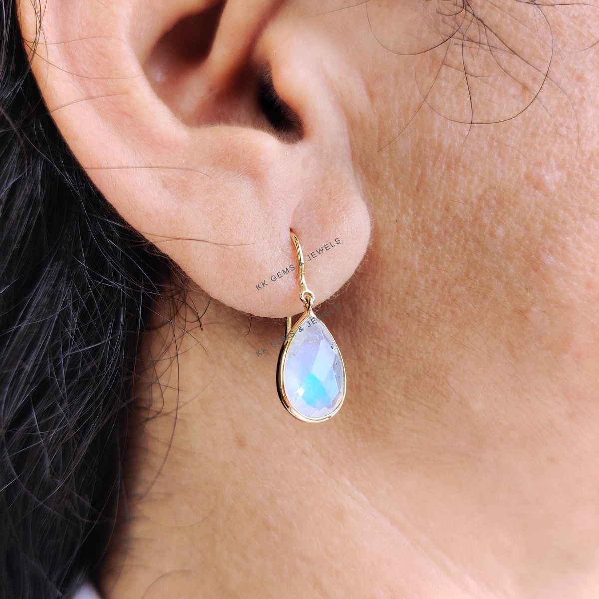 14K Solid Yellow Gold Natural Rainbow Moonstone Pear Drop Bezel Earrings, June Birthstone, Christmas Present