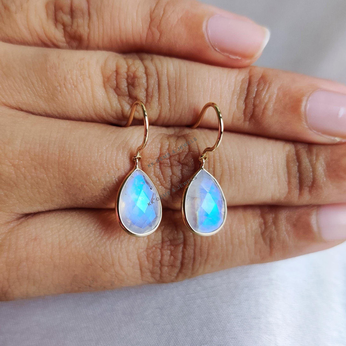 14K Solid Yellow Gold Natural Rainbow Moonstone Pear Drop Bezel Earrings, June Birthstone, Christmas Present
